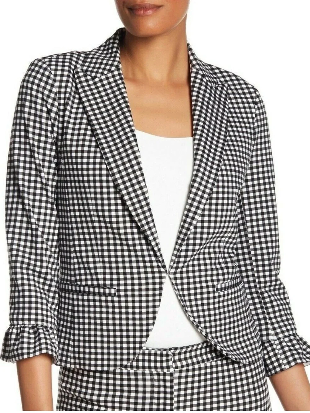 Amanda & Chelsea Gingham Blazer Jacket Black White Ruffle Cuff Stretch NWT 8